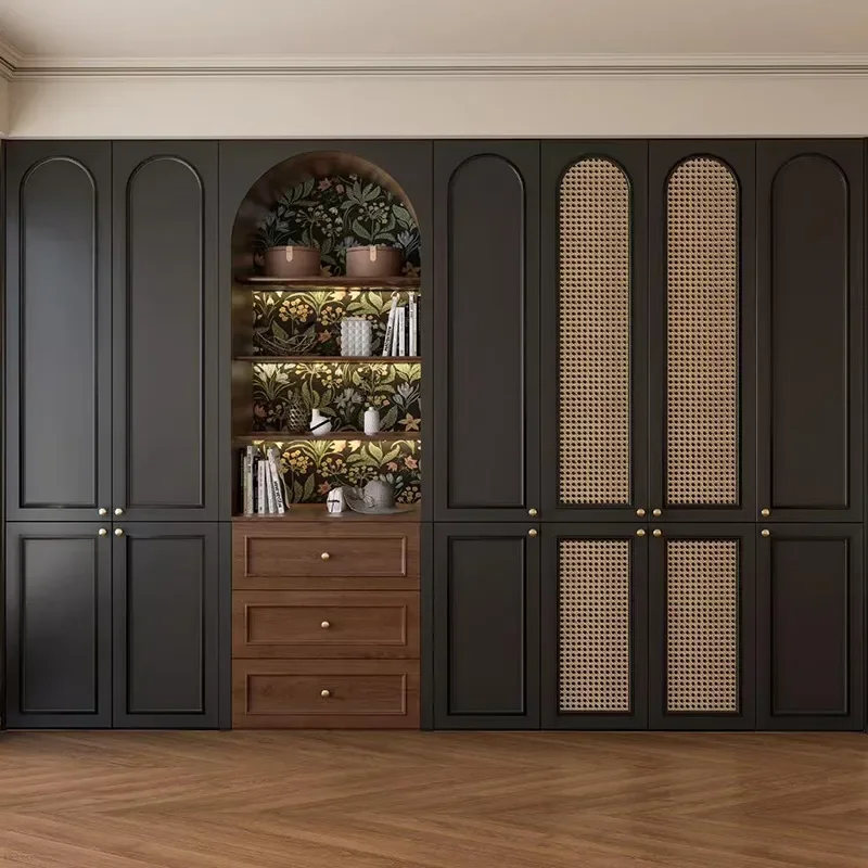 for French Retro Style ENF Grade Ousong Solid Wood Granular Board Household Bedroom Combination Wardrobe Small Apartment