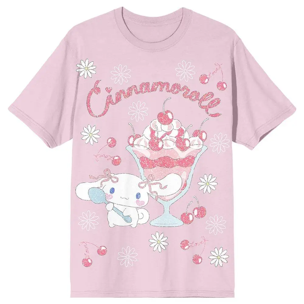 Cinnamoroll T Shirt Sanrio Cartoon Big Ear Dog Cherry Ice Cream Sundae Daisy Print Short Sleeve Cotton Pink Casual Tees For