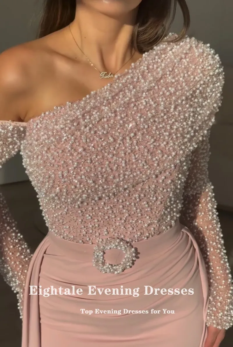 

Eightale Evening Dress One Shoulder Prom Gown Customized Pearls Pink Long Sleeves Wedding Party Dress Mermaid Robes De Soirée