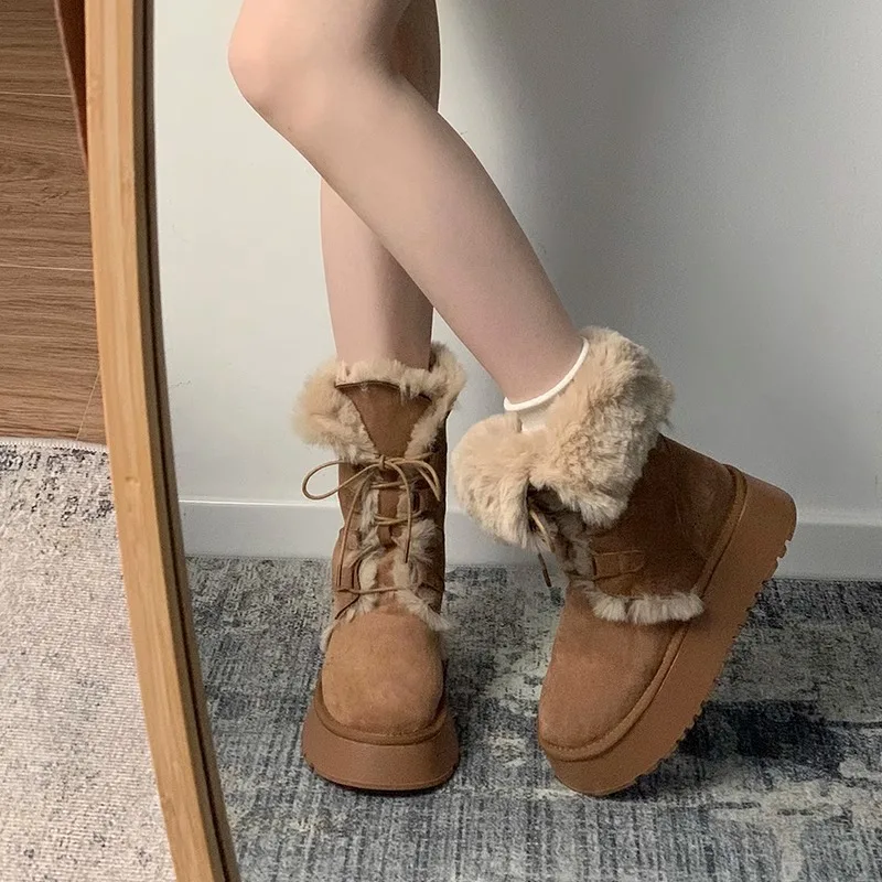 Retro fur integrated warm snow boots for women in winter 2025 new thick soled and plush thick anti slip cotton shoes