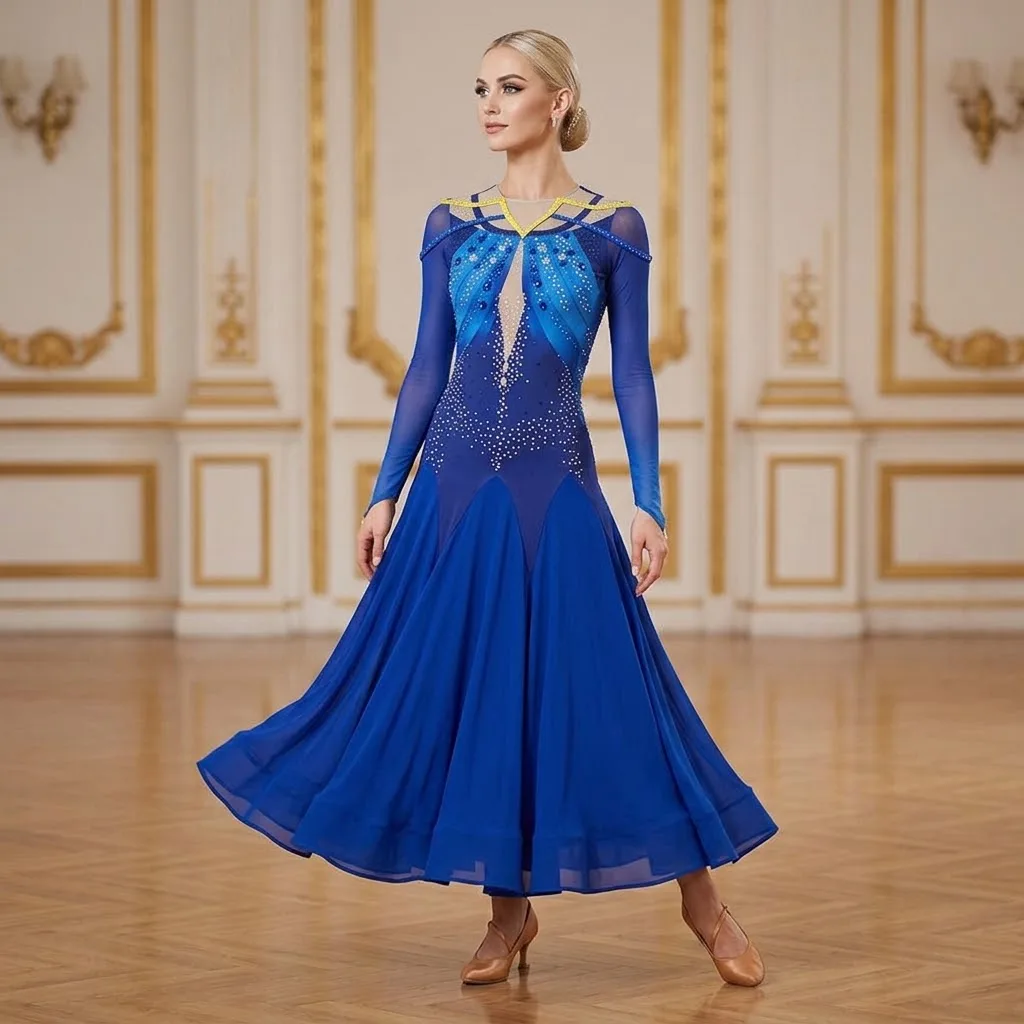 Gradient Royal Blue Rhinestone High Collar Waltz Ballroom Dance Dress Women Open Back Long Sleeve Quickstep Competition Costumes