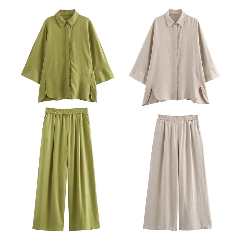 TRAF Woman Pants Set Two Pieces Oversize Green Shirts And Blouses Summer Baggy Wide Pants Sets Casual Linen Set Women 2 Pieces