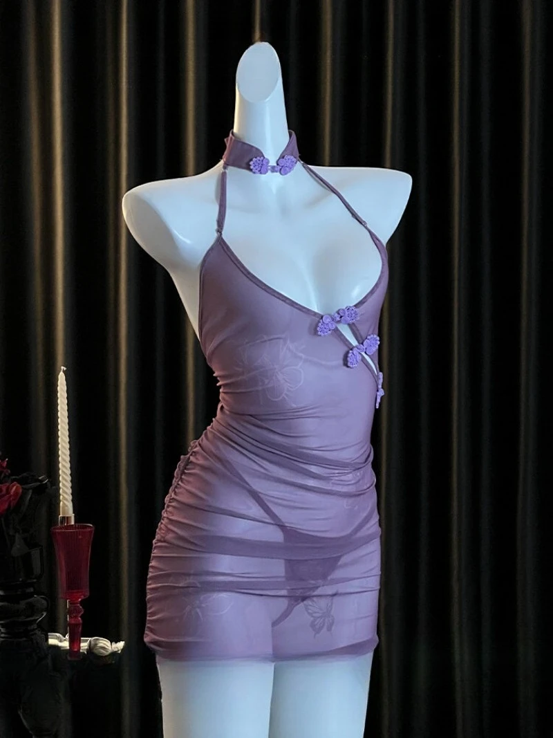 Paarse oude Chinese Hanfu-stijl sexy nachtjurk, transparant kanten mesh, hoge split cheongsam pyjama, doorzichtige diepe V-borst