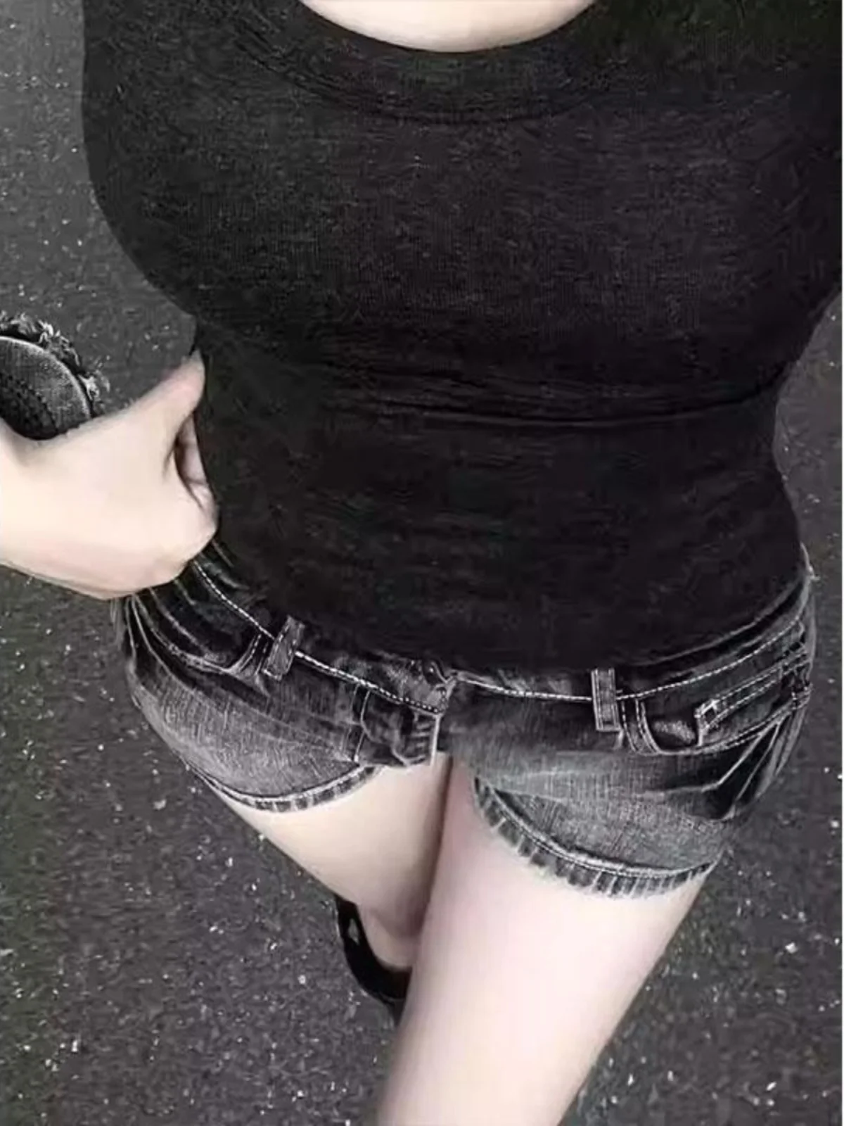 American Style Hot Girl Black Washed Denim Super Short Shorts Women's Summer Elastic Slim Fit Low Waist Bodycon Hot Pants