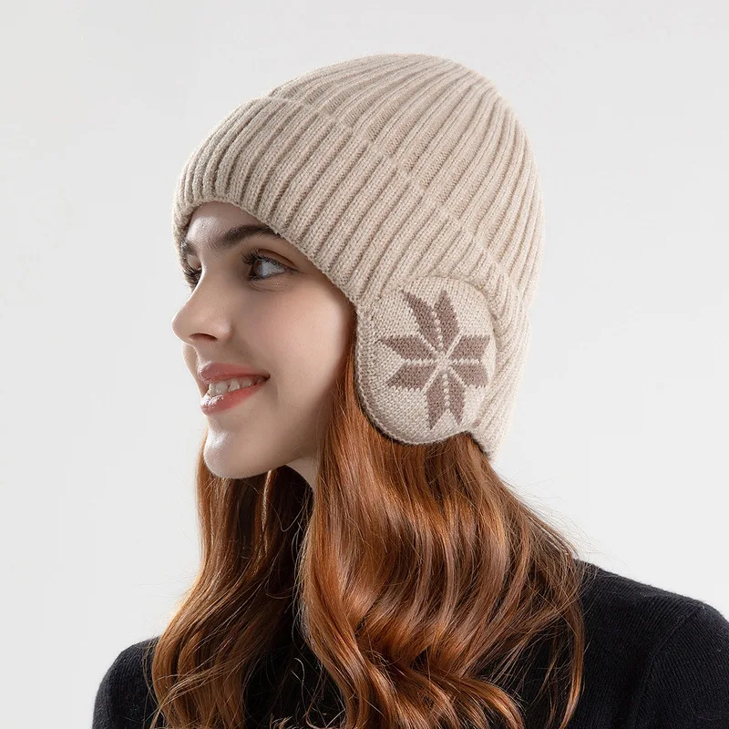 Men Women Winter Warm Plush Knitted Snow Fashion Hat Unisex New Outdoor Coldproof Ear Protection Wool Caps Snowflake Logo