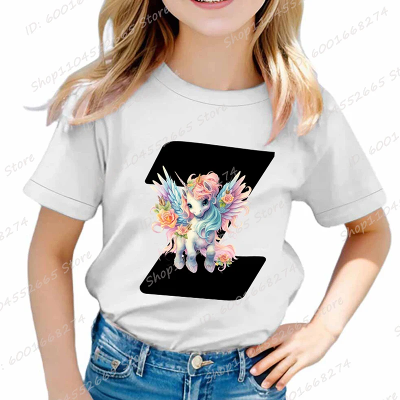 Cute Unicorn & 26 Alphabet A To Z T-shirt for Girls, Unicorn Graphic Short Sleeve Tees Top, 26 Letters T-shirts, Girls' Clothing