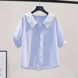 Camicetta con bottoni a righe blu estate nuova Polo collo manica corta tinta unita camicia giovanile allentata top Casual ufficio abbigliamento donna