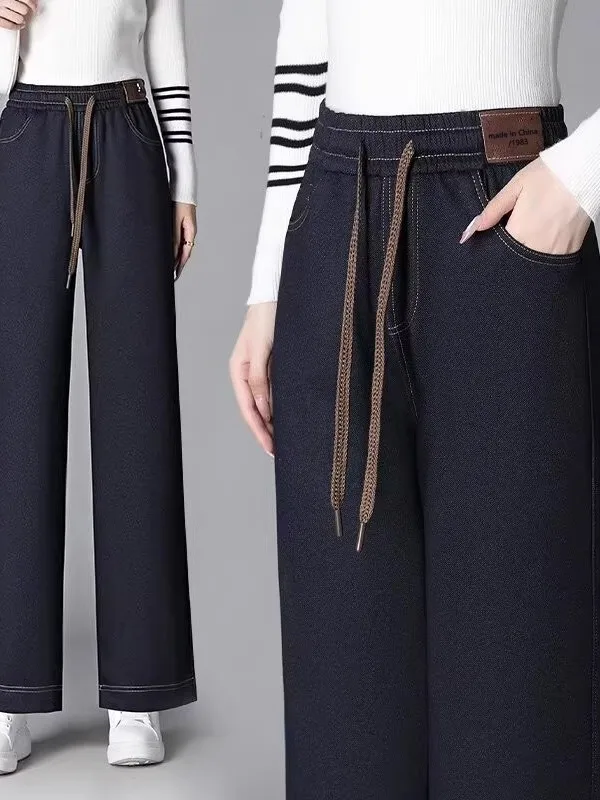 Taille haute Fce doublé Thiened Faux Denim pantalon pour les femmes automne hiver nouveau Sle chaud jambe large pantalon à la mode pantalons décontractés