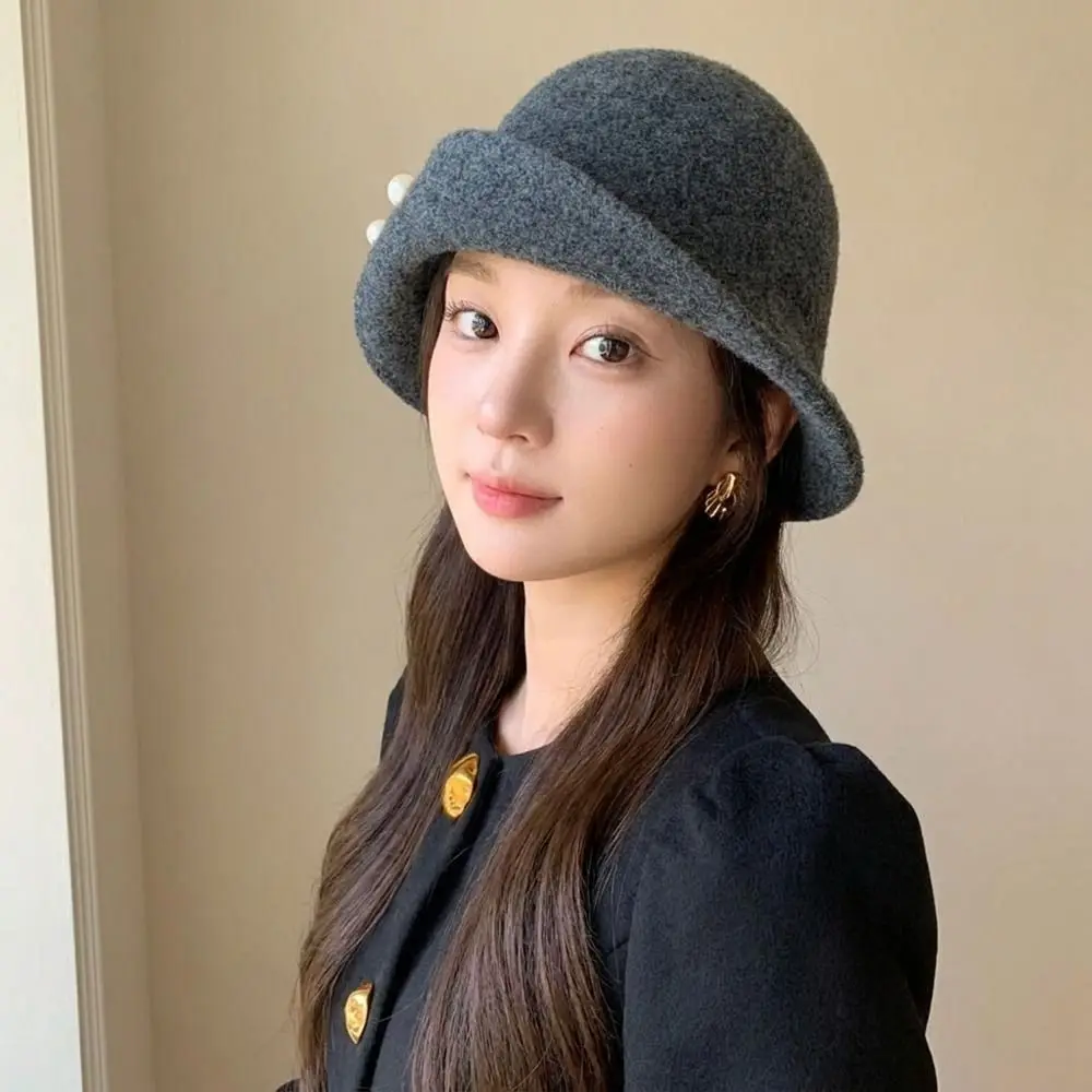 British Style Retro Wool Blend Fedoras Hat Pearl French Style Woolen Bucket Hat Curled Brim Pure Color Basin Hat Travel