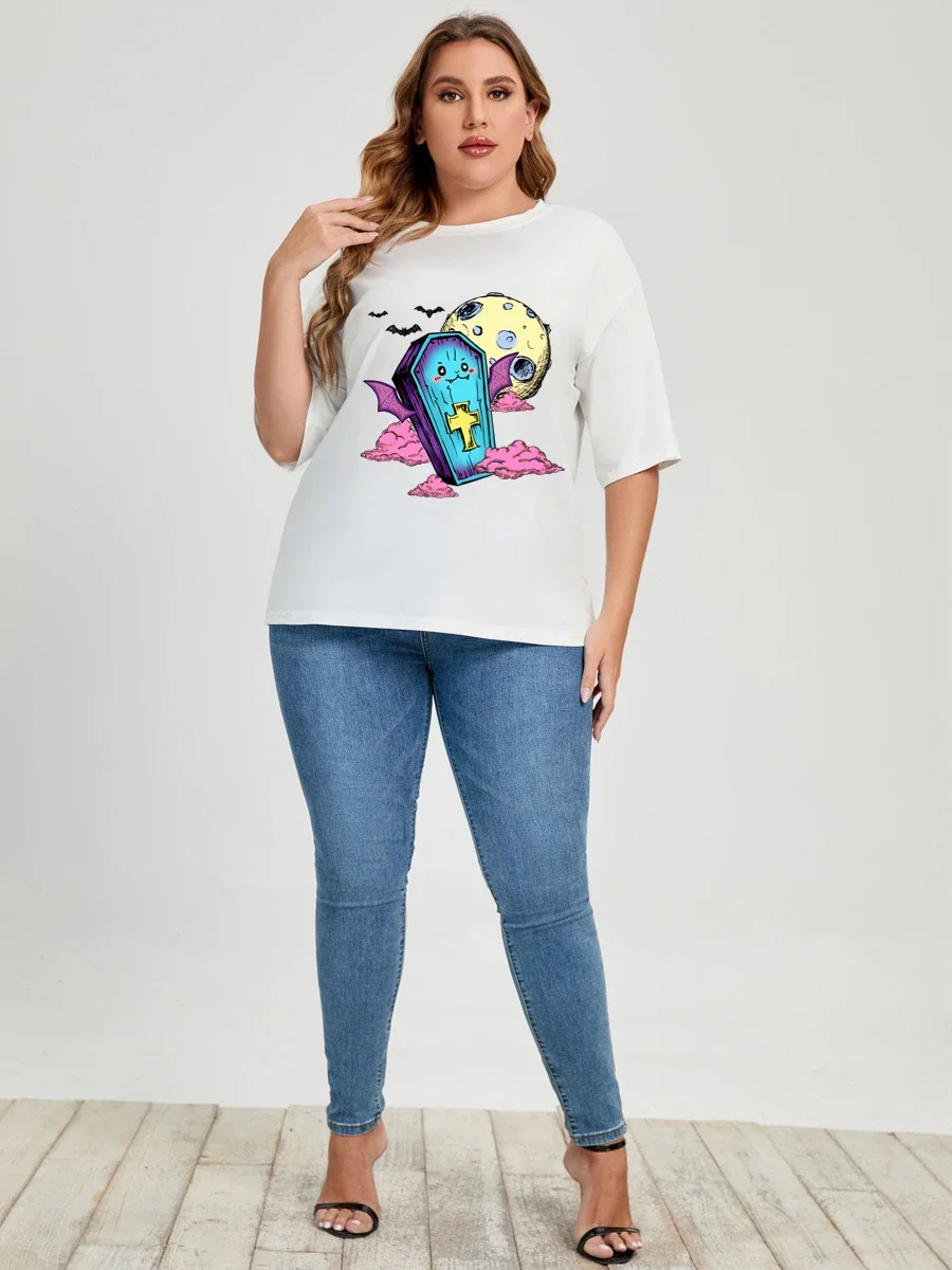 150 كجم 5XL 6XL حجم كبير أسود أبيض تي شيرتات قطن للنساء الصيف عادية المرأة تي شيرت كبير الحجم طباعة علامة مميزة لطيف القمم