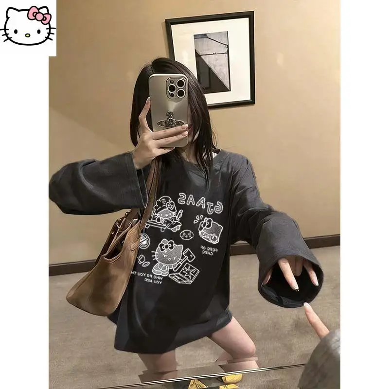 

Sanrios Kawaii футболка с длинными рукавами для девочек «Hello Kitty», универсальная, милая, удобная, простая, с круглым вырезом, свободная, с принтом, хит продаж