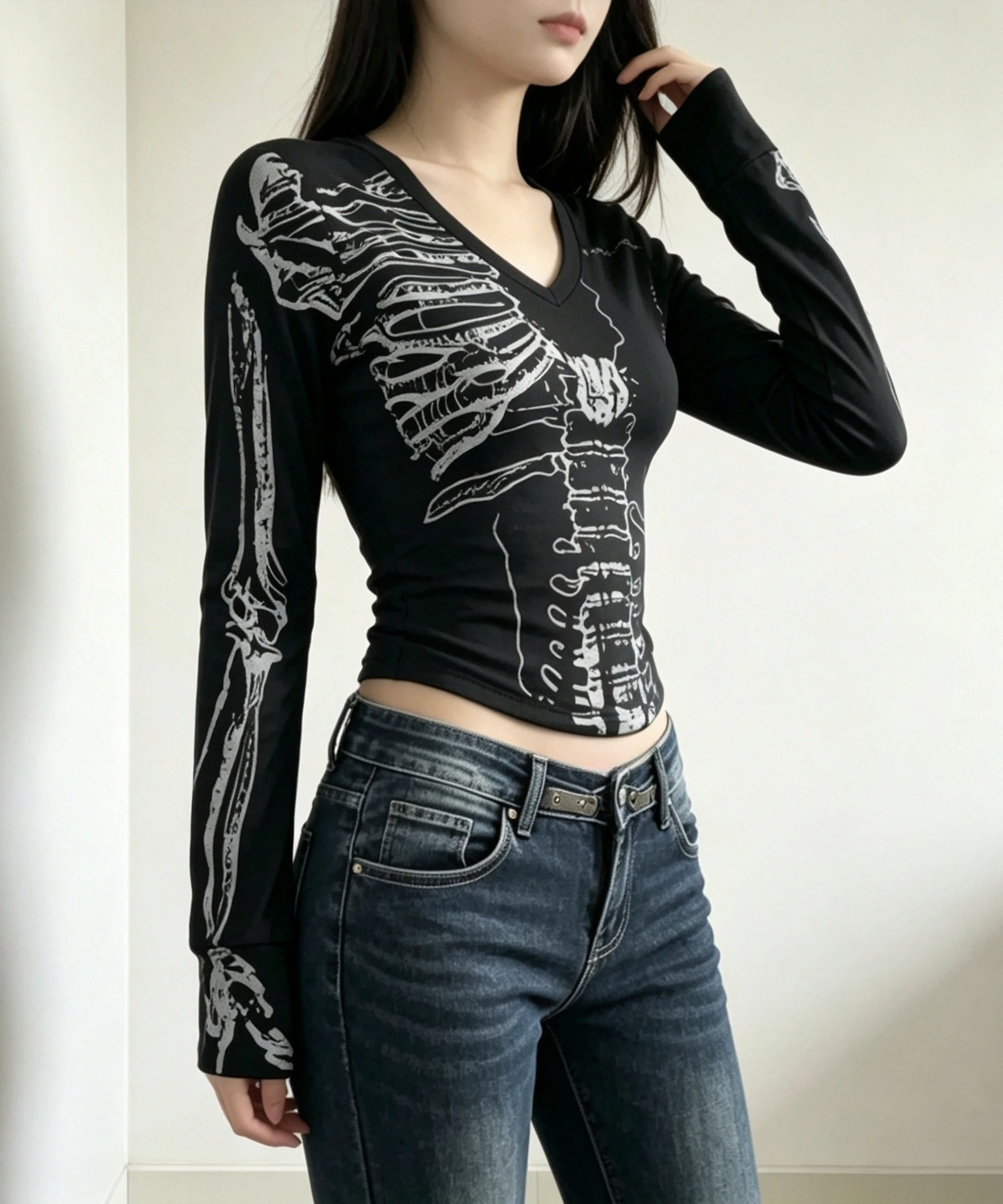Spring American Retro Skull Printed Long Sleeve Tshirts Women V Neck Slim Fit Waist Base Tops Punk Dark Y2k Gothic Fashion Tees image 5