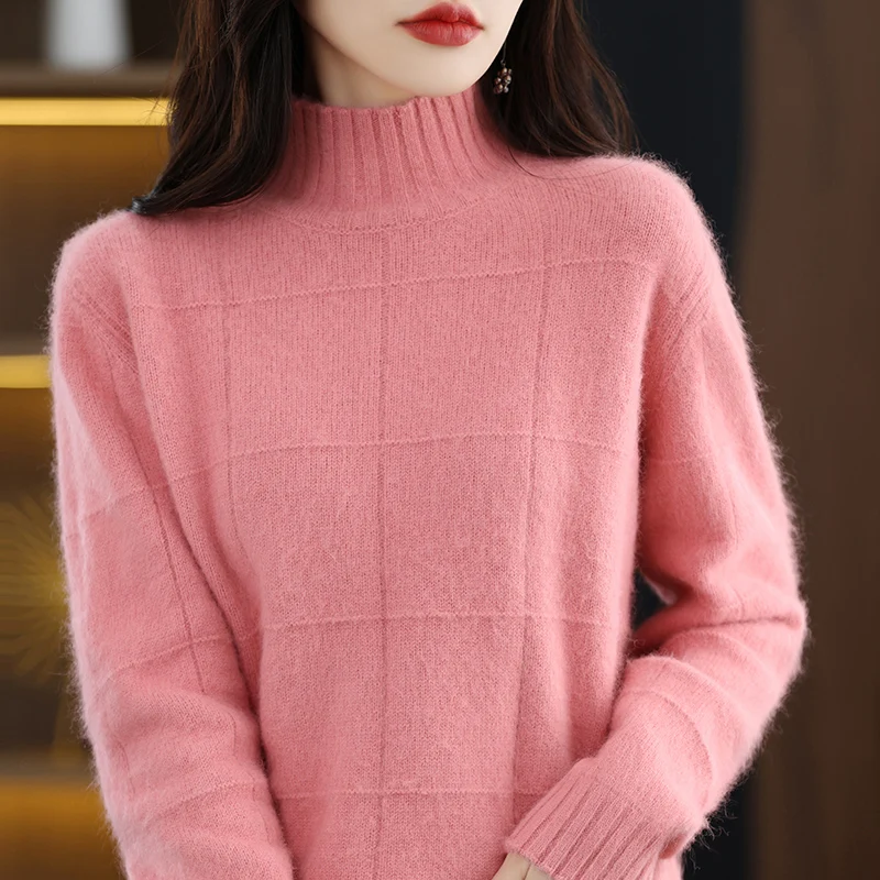 Autumn and Winter New High Collar Women\'s Sweater 100% Pure Mink Cashmere Knitted Pullover Solid Color Slim Fit Fashion Top