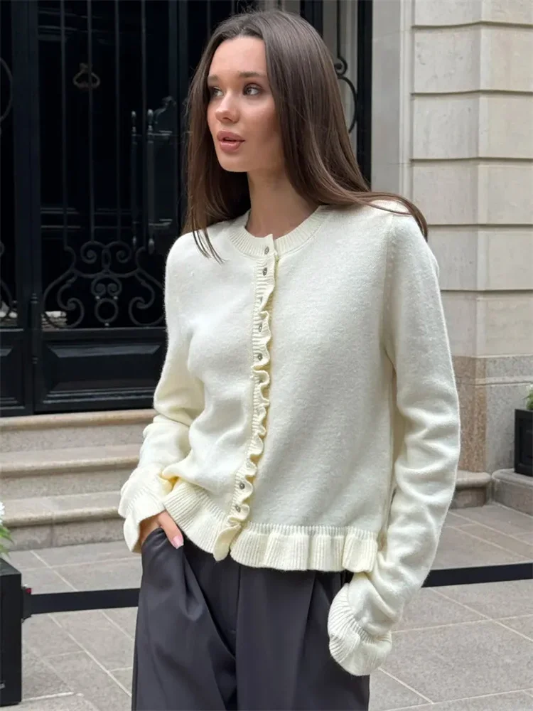 

Вязаный кардиган с рюшами, пальто для женщин, модный лоскутный элегантный свитер в рубчик с длинными рукавами, верхняя одежда, женский вязаный кардиган