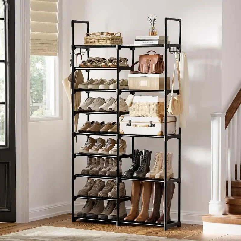 Black Shoe Rack StorageOrganizer  Shoe Tower Unit Shelf with Metal Pipes Plastic Connectors Stackable  Rack