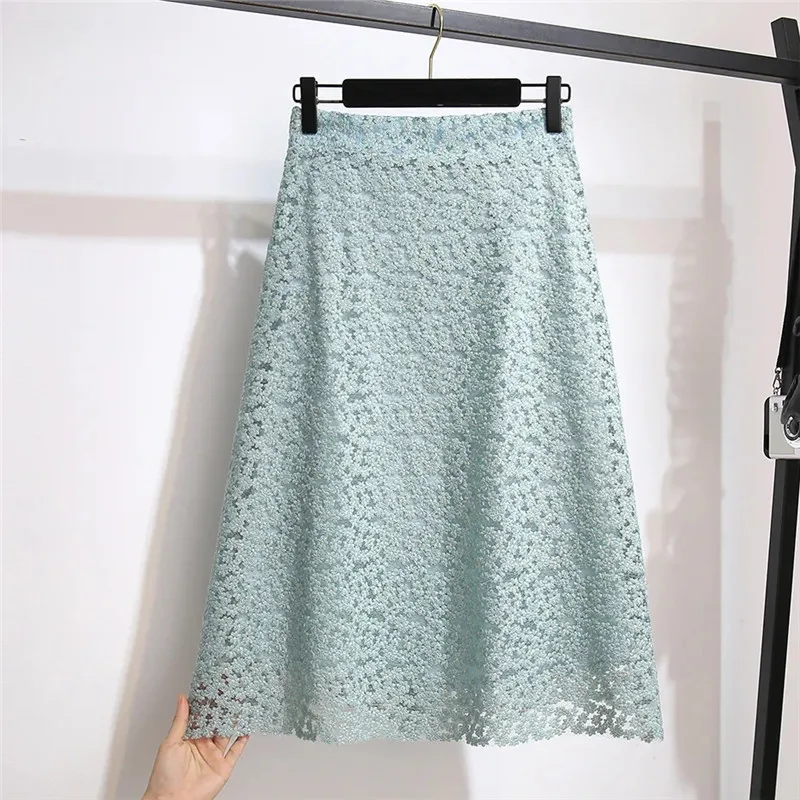 Elegant Lace Skirts Female 2023 Summer New Style Hollow Flower Temperament Fashion Green A-line Skirt For Women Vetement Femme