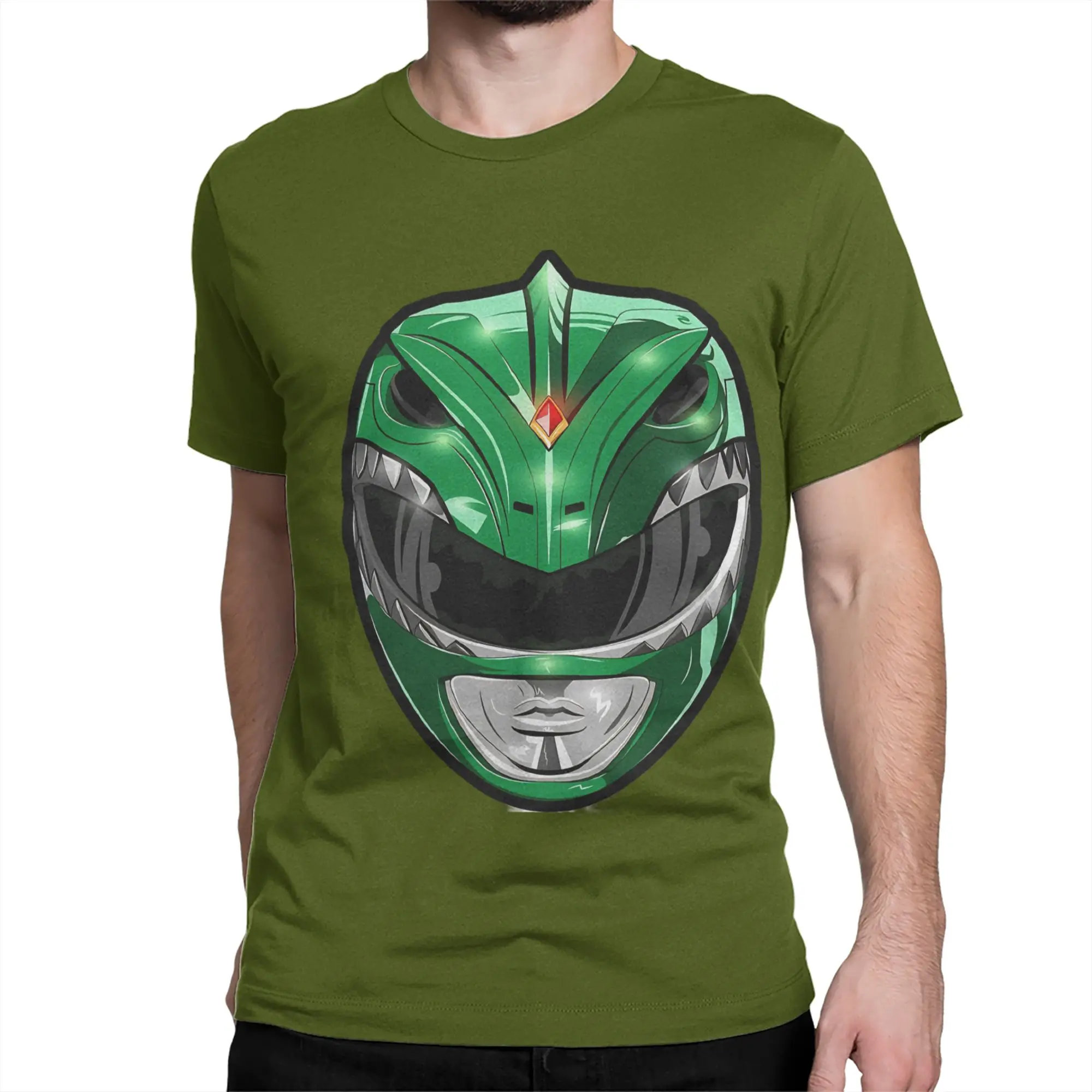 Green helmet Power Rangers  T Shirt Men Women's Pure Cotton Fashion T-Shirts Crewneck  Tees Short Sleeve Clothing Plus Size view 2