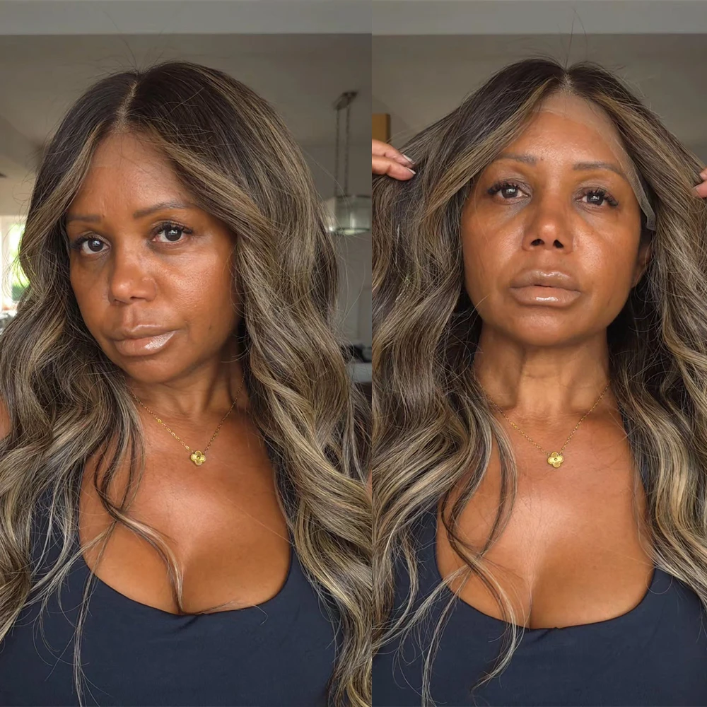 Brown Highlights Ash Blonde Body Wave Wig Transparent 13x4 Lace Frontal Wig PrePlucked Synthetic Blend Human Hair Wig For Women