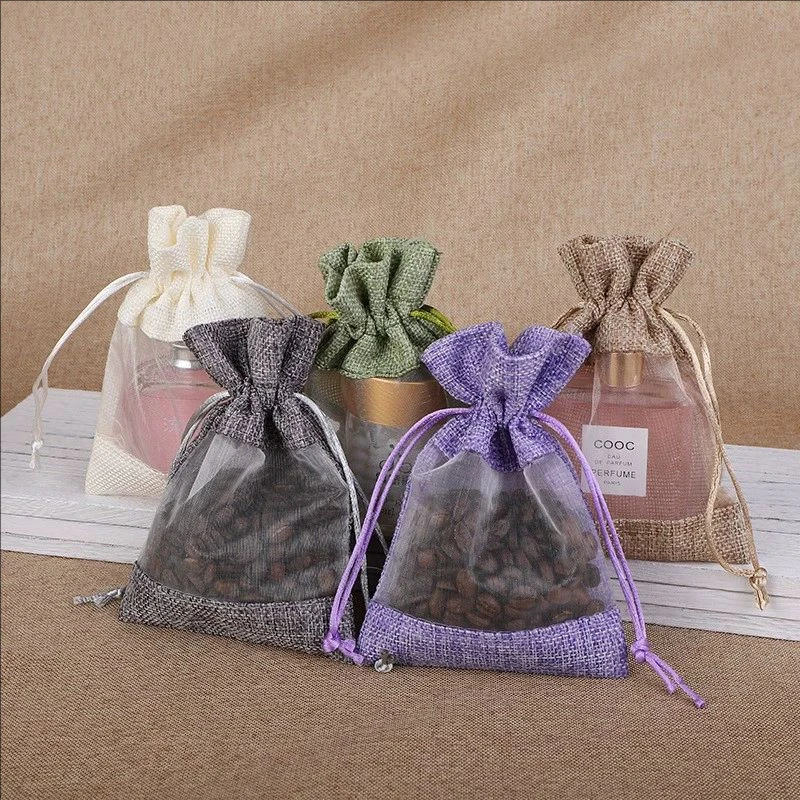40PCS, 2 Sizes, 10 Hot Selling Colors, Fashion Jute Gift Bag with Sheer Organza Window, High Quality Burlap Bags with Drawstring