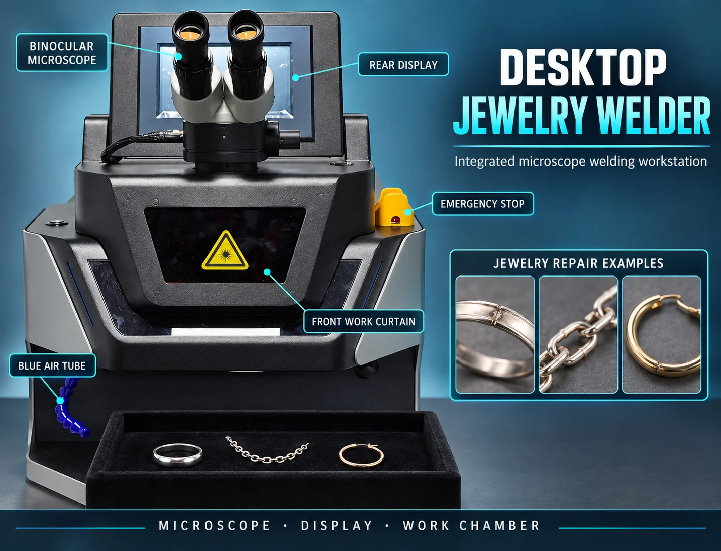 DW200B Jewelry Laser Welding Workstation with Rear Tilted Display, Flexible Air Nozzle and Emergency Stop