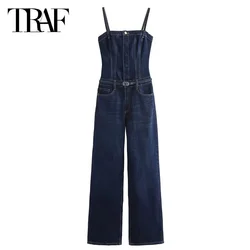 TRAF Off Shoulder Sleeveless Jumpsuit Denim Slip Long Jumpsuits For Women With Belt Backless Slim Overalls Fashion Jumpsuit 2024