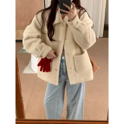 Women Casual Double Faced Fur Jacket Autumn Winter Warm Pocket Single-breasted Loose Small Fragrant Korea Chic Fake Fur Jacket