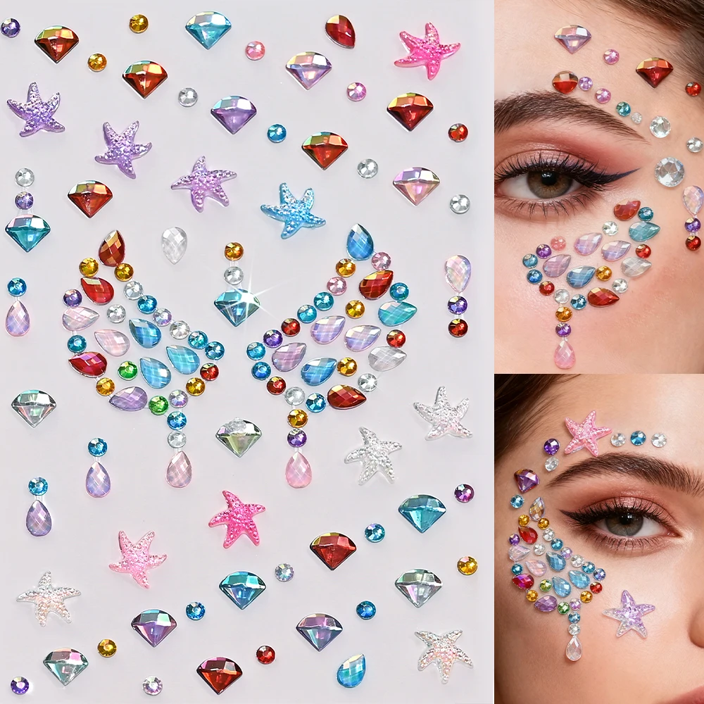 1Pcs Colorful Starfish Diamond Drop Gem Tattoo Stickers 8*12cm DIY Eye Face Body Rhinestone Decals for Makeup Party Jewels Decor