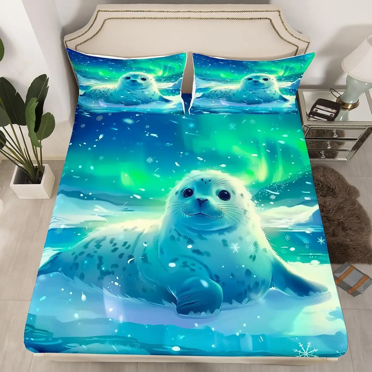Cute Cartoon Sea Lion Fitted Sheet Ocean Animal Bed Sheet Set for Boys Girls Underwater World Marine Creature Sealife Bed Cover