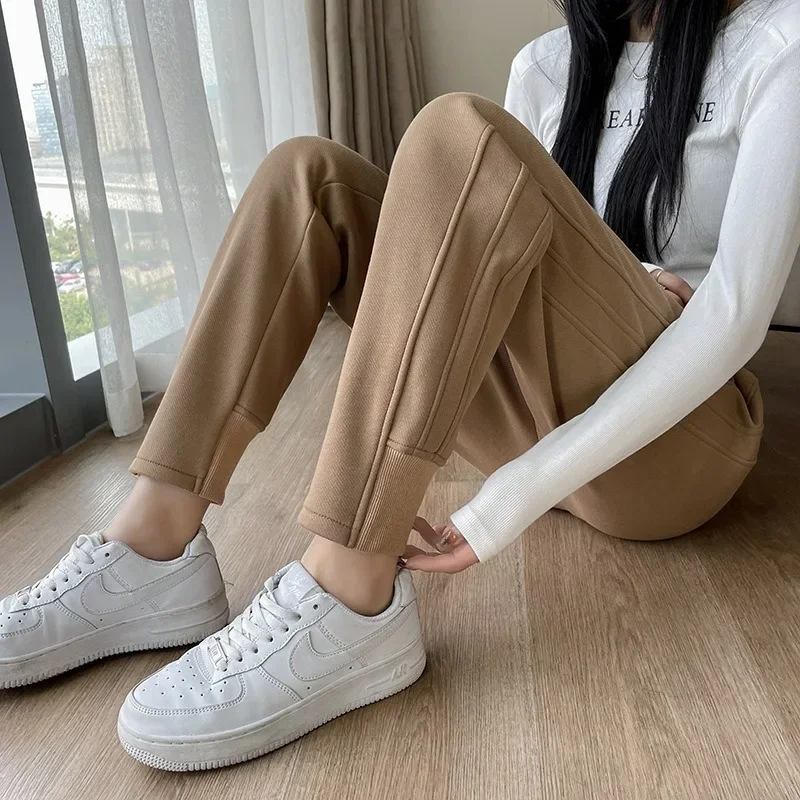 Sports Pants Women's Plush Warm Trousers Autumn Winter Women Solid Casual Drawstring Loose Sweatpants Female Fleece Haren Pants