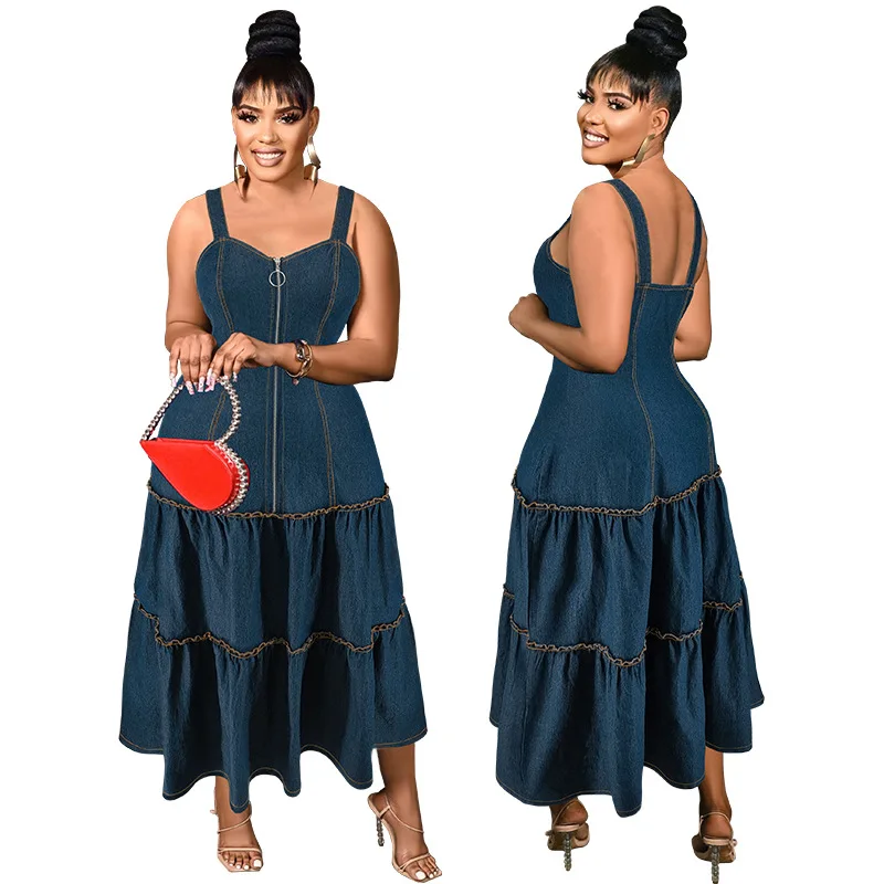

Women Long Dress Denim Dresses A Line Vestidos Y2k Streetwear V Neck Sleeveless Sling Elegant Splice Party Night Work 2026