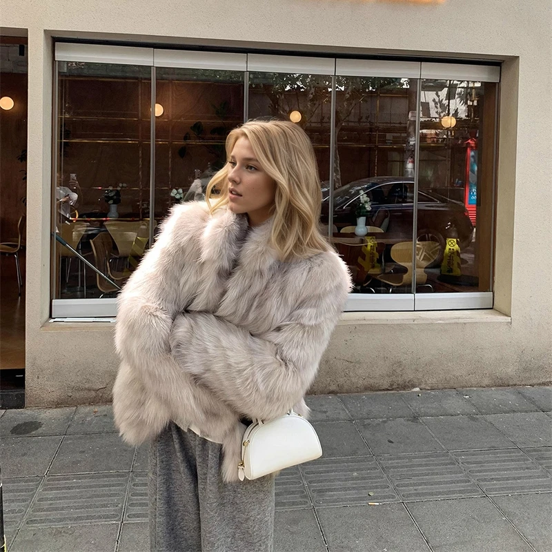 모조 여우털 코트 여성용 스탠드 칼라 짧은 털 재킷 추위 방한 루즈핏 여성 코트 긴 소매 포켓 아우터 탑스 트렌디