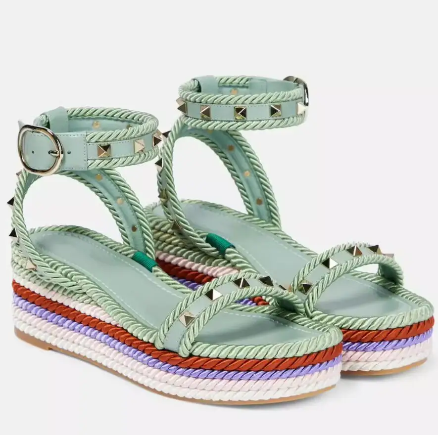 Rainbow Color Espadrille Rivets Flats Ankle Strap Sandals Women Peep Toe Thick Platform Sole Buckle Casual Slingback Beach Shoes