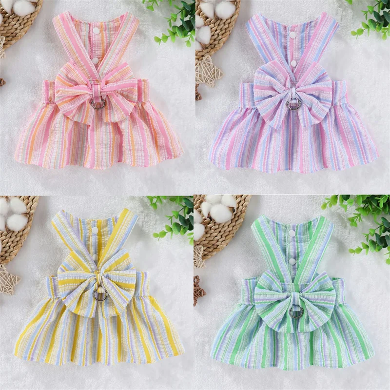 Striped Dog Dress Summer No Pull Harness Plaid Dresses Bowknot Cat Dog Clothes For Small Dogs Chihuahua Pet Sling Skirt Green XS