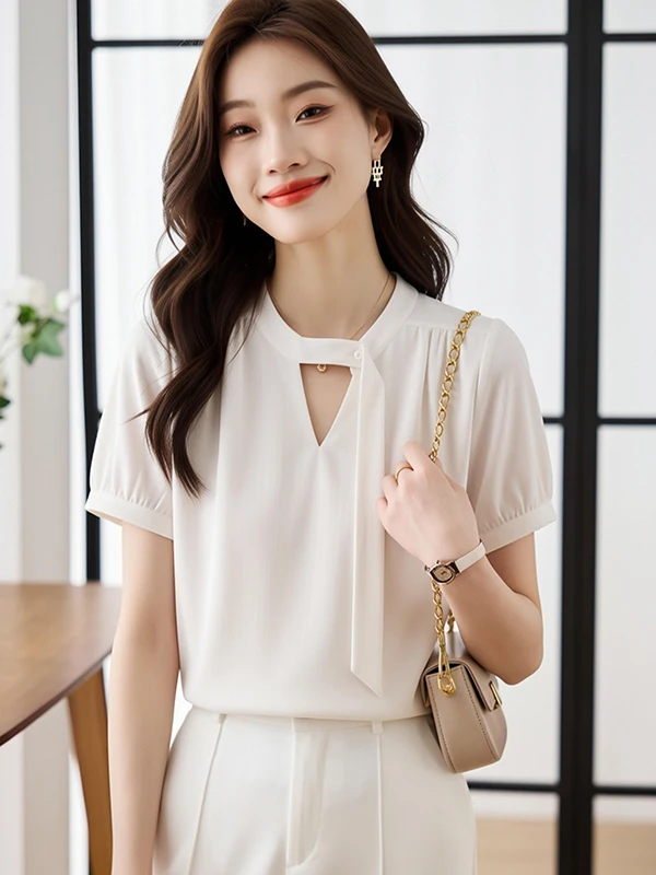 

Летняя женская шифоновая блузка с коротким рукавом и поясом, офисный стиль, элегантный дизайн, мягкая атласная ткань, круглый вырез