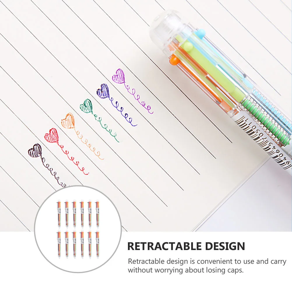 

12 шт., выдвижные шариковые ручки, 0,7 мм, разноцветные ручки с тонким наконечником, 6 цветов, гладкие канцелярские принадлежности, многоцветная шариковая ручка