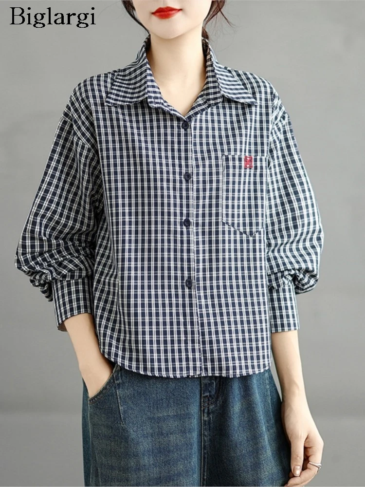 

Осенние рубашки большого размера, женские клетчатые принты, модные женские укороченные блузки с вышивкой, повседневная свободная женская рубашка с длинным рукавом