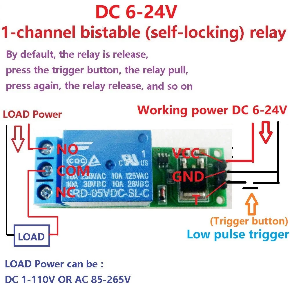 Relay Module, 6-24V Flip-Flop Latch Relay Bistable Self-locking Low Pulse Trigger Module