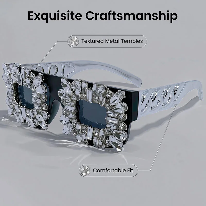 Exaggerated Bling Rhinestone Square Glasses Women Luxury Silver Chain Leg Statement Eyewear For Party Nightclub Rave Festival view 4