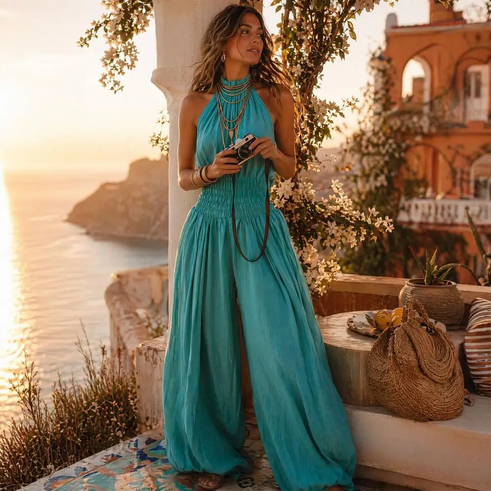 Polyester Jumpsuit Women’s Halter Jumpsuit Romper Smocked Waist Lantern Pants Summer Travel Vacation Outfit for Women Solid