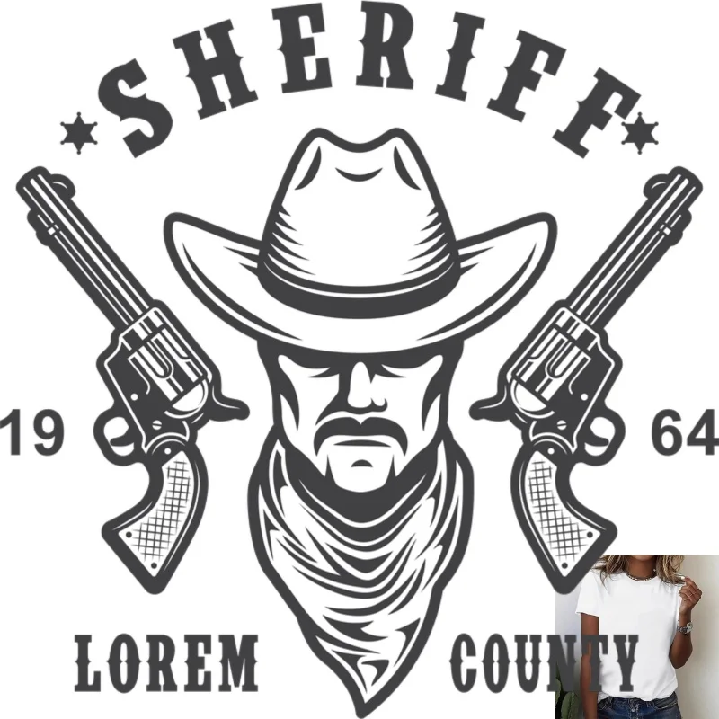 Western Sheriff Double - Gun Pattern Heat - Transfer White Ink Iron - on Decal, Retro Cowboy Style, Suitable for T -