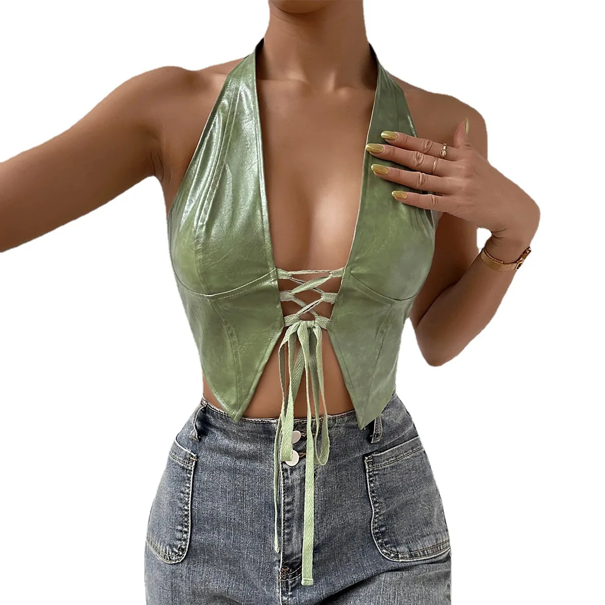 ISAROSE Women Summer Vest Sexy Low Cut Sleeveless Green PU Leather Front Adjustable Bandage Backless Party Club Halter Crop Tops