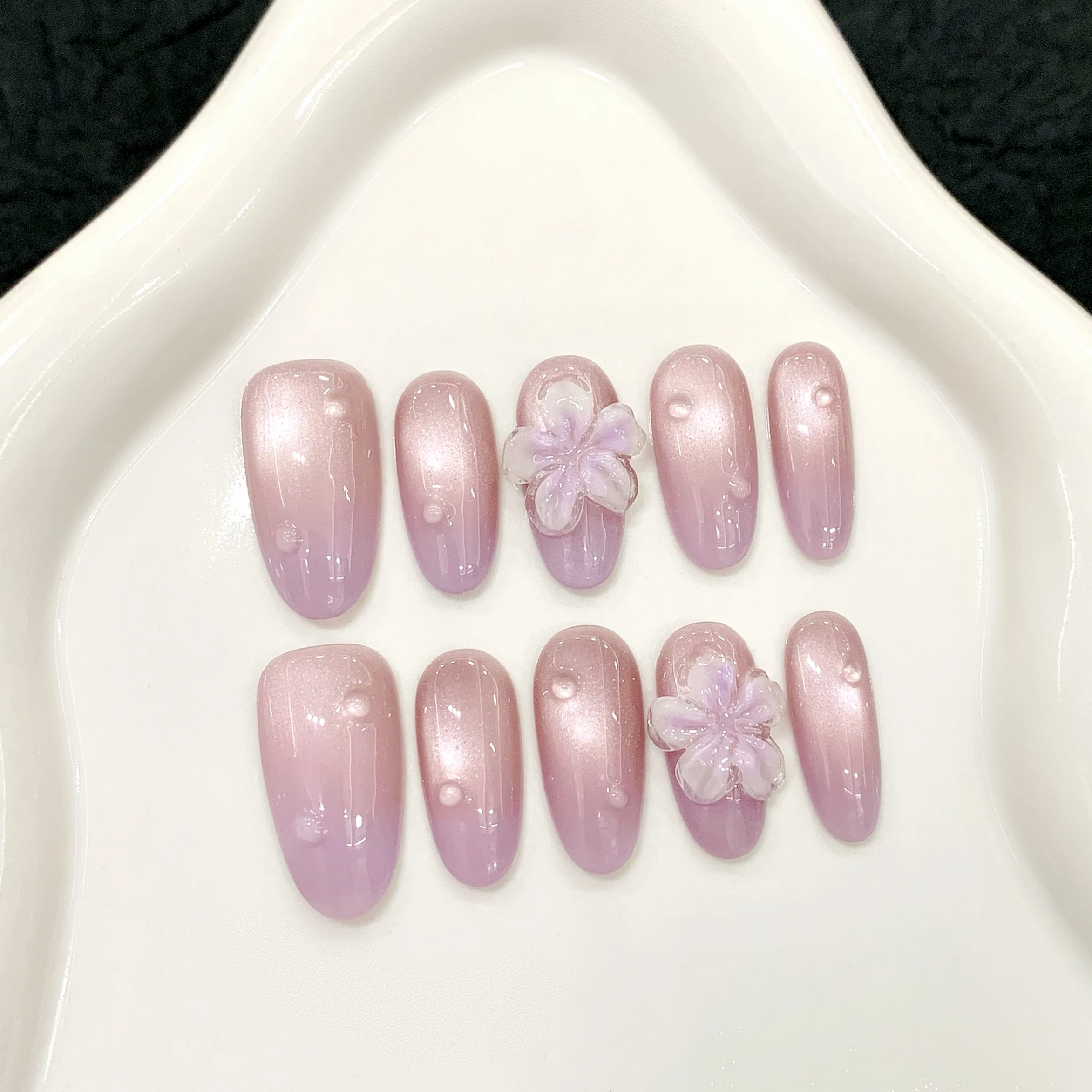 

Lavender Purple Handmade Fake Nails Cat's Eye French Nails Press OnWith Flower False Nail Tips Art Wearable Manicure Sets 10Pcs
