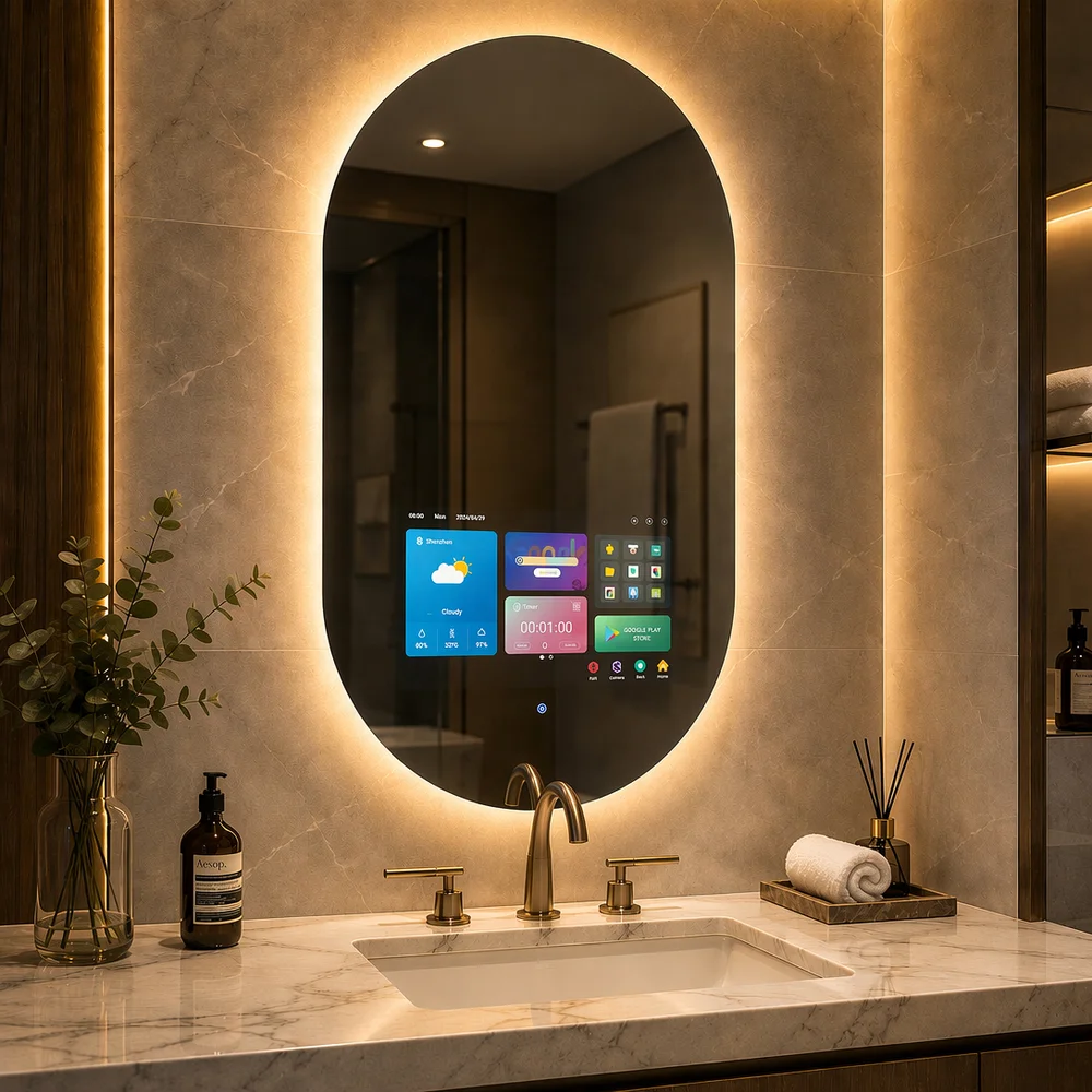 21.5 Inch Waterproof Smart Bathroom Mirror TV 1080p Front/Back Light Touch Screen Control Android System Support Download Custom