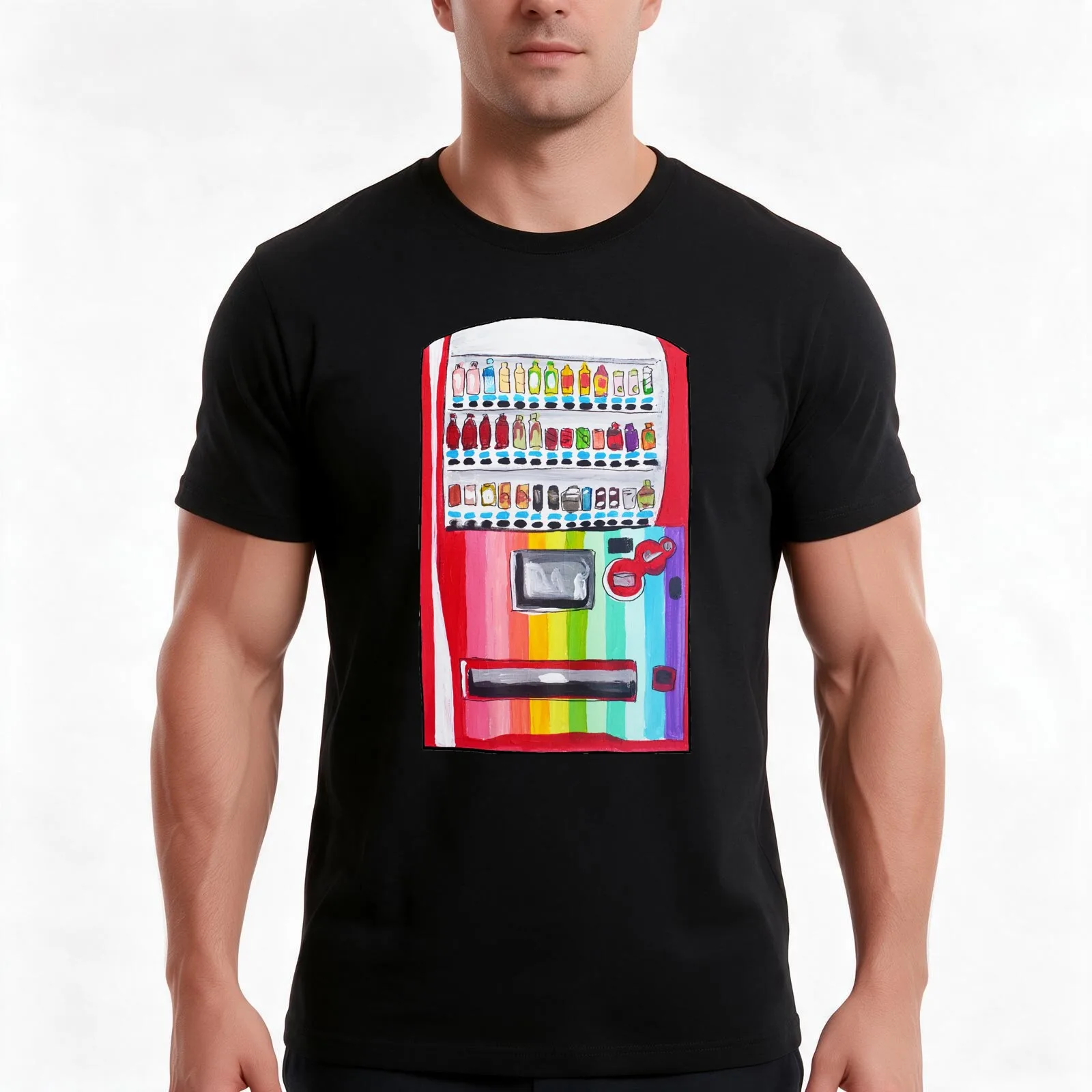 Rainbow Vending Machine T-Shirt, Summer Casual Cotton Tee, Oversized Streetwear Tops, Vintage Graphic Print, Unisex Men Women