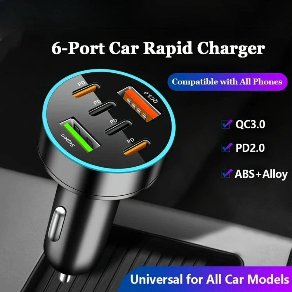 250W USB-Autoladegerät Schnellladung 6 Ports PD Typ C Auto-Handy-Ladegerät Adapter für iPhone 15 Xiaomi Samsung Schnellladegerät im Auto