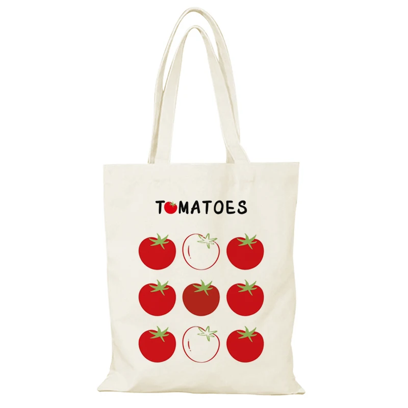 Bolso de lona de tomate, bolso de lona de tomate con bonito gatito, bolso de hombro de mano con frutas y verduras, moda Simple de gran capacidad