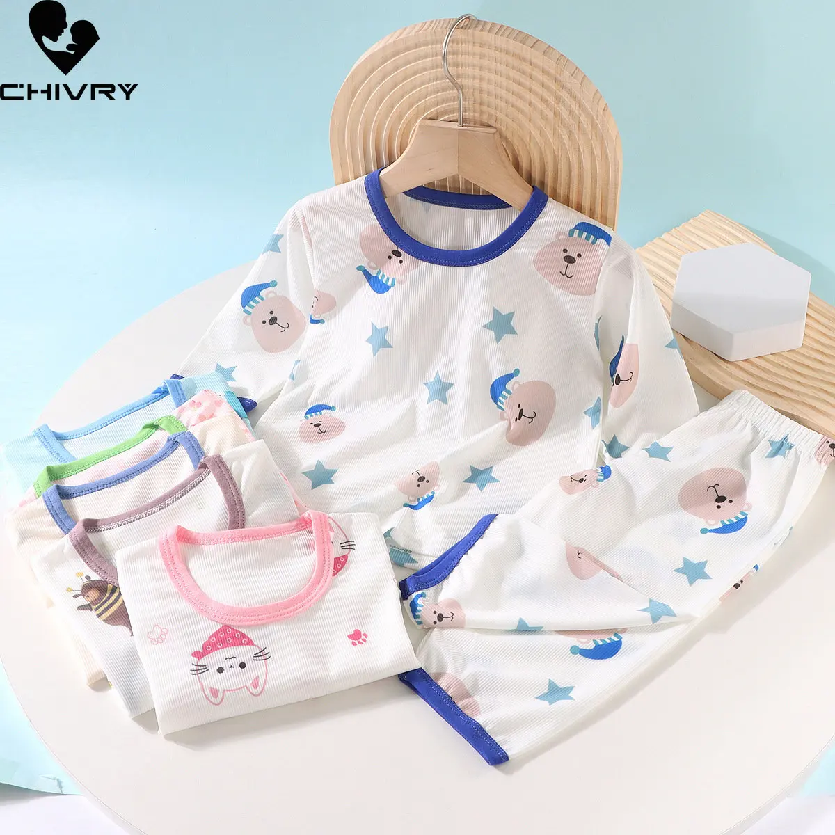 

New Kids Boys Girls Summer Thin Pajamas Sets Cartoon Three-quarter Sleeve O-Neck T-Shirt Tops with Pants Baby Sleeping Clothing