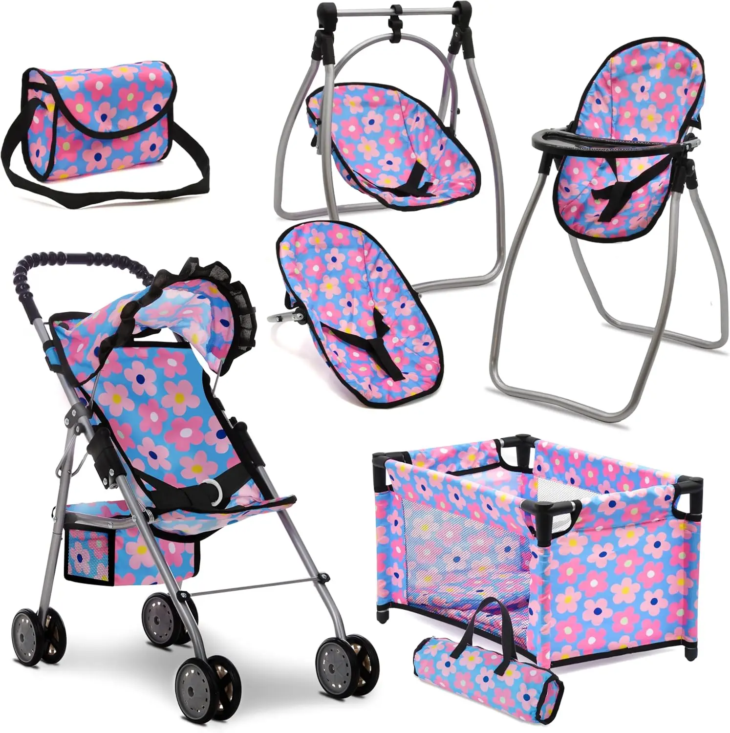 

Deluxe Baby Doll Nursery Set: Stroller, Swing, High Chair & Diaper Bag