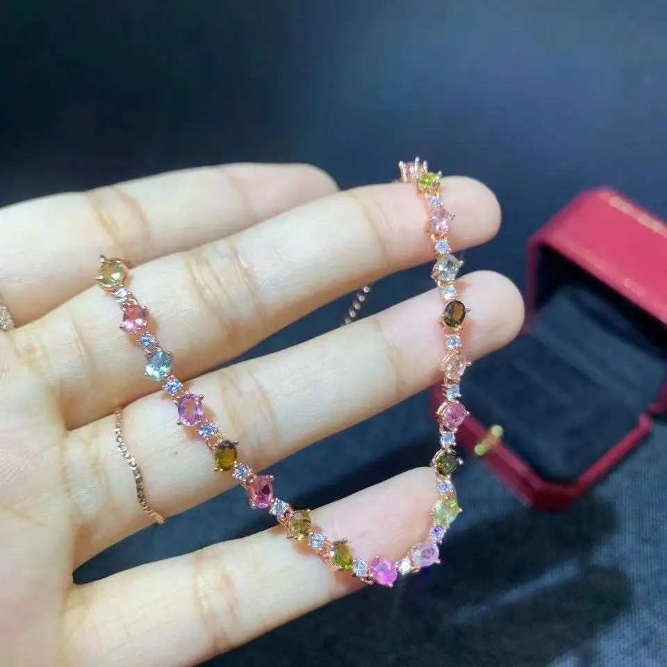 

New Women's 925 Silver Inlaid Natural Tourmaline Bracelet Multicolor Sqaure Cubic Zirconia Silver Color Bracelets Ladies Crystal