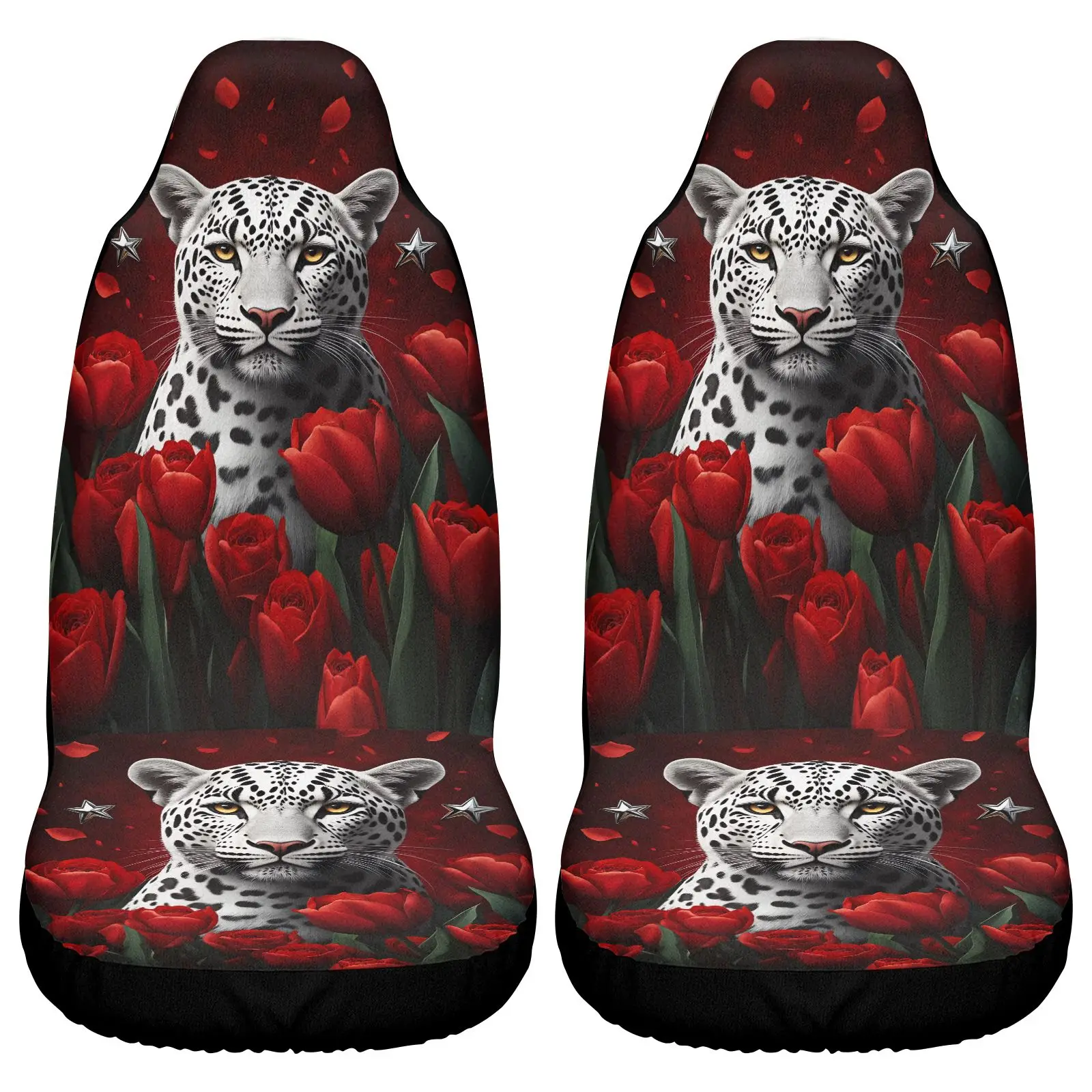 Car Seat Covers Black Snow Leopard And Red Tulips Print | Universal Fit, Non- Polyester Fabric For Cars Interior Decoration